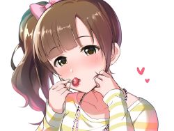 Rule 34 | 1girl, blunt bangs, blush, bow, brown eyes, brown hair, cherry, collarbone, commentary request, food, fruit, hair bow, hand up, head tilt, heart, holding, holding food, holding fruit, idolmaster, idolmaster cinderella girls, igarashi kyoko, jewelry, long hair, long sleeves, looking at viewer, natsuya (natuya777), necklace, open mouth, parted bangs, pink bow, saliva, shirt, side ponytail, simple background, solo, striped clothes, striped shirt, tareme, upper body, white background, white shirt, yellow shirt