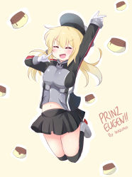 Rule 34 | 10s, absurdres, artist name, black skirt, black socks, black thighhighs, blonde hair, blush, character name, closed eyes, facing viewer, food, gloves, highres, ikazu401, kantai collection, kneehighs, long hair, long sleeves, navel, open mouth, prinz eugen (kancolle), pudding, skirt, smile, socks, solo, thighhighs, twintails, white gloves