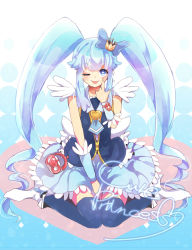 Rule 34 | 10s, 1girl, :p, blue eyes, blue hair, blue skirt, blue thighhighs, brooch, character name, crown, cure princess, happinesscharge precure!, heart, heart-shaped pupils, heart brooch, long hair, looking at viewer, magical girl, matching hair/eyes, one eye closed, precure, ritsuko itaike, shirayuki hime, skirt, solo, symbol-shaped pupils, thighhighs, tongue, tongue out, twintails, wink, yubiko (itaike)