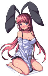 Rule 34 | 1girl, animal ears, barefoot, blue eyes, breasts, cleavage, full body, large breasts, long hair, long sleeves, looking at viewer, original, rabbit ears, red hair, saiste, simple background, sitting, smile, solo, wariza, white background