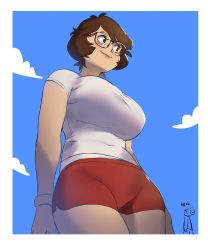 Rule 34 | 1boy, 1girl, border, breasts, brown eyes, brown hair, cloud, commentary, covered navel, english commentary, giant, giantess, glasses, impossible clothes, large breasts, looking to the side, looking up, original, red shorts, shirt, short hair, shorts, sketch, sky, smile, snowcie, snowciel, white border, white shirt