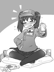 Rule 34 | 1girl, amagaeru (hylathewet), beer can, can, commentary request, drink can, drunk, greyscale, grin, highres, holding, holding can, indian style, japanese clothes, kantai collection, kariginu, kneehighs, magatama, monochrome, pillow, pleated skirt, ryuujou (kancolle), sitting, skirt, smile, socks, solo, squeans, twintails, visor cap