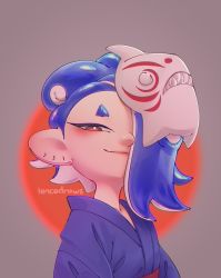 Rule 34 | 1girl, absurdres, animal mask, blue hair, grey background, hair over one eye, highres, lencedraws, mask, mask on head, nintendo, octoling, octoling player character, red eyes, robe, shiver (splatoon), smile, solo, splatoon (series), splatoon 3, tentacle hair