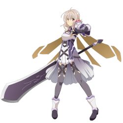 Rule 34 | 10s, 1girl, armor, black gloves, black thighhighs, breastplate, fingerless gloves, gloves, highres, holding, holding sword, holding weapon, looking at viewer, official art, pauldrons, red eyes, shoulder armor, silver hair, simple background, smile, solo, strea (sao), strea (sao-alo), sword, sword art online, sword art online: code register, thighhighs, weapon, white background, wings