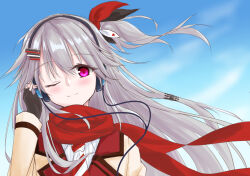 Rule 34 | 1girl, absurdres, black gloves, black ribbon, blue sky, blush, closed mouth, commentary request, day, eyelashes, fingerless gloves, floating clothes, floating hair, gloves, grey hair, hair between eyes, hair ribbon, hanasaki work spring, hand up, head tilt, headphones, highres, long hair, looking at viewer, mkn yu, one eye closed, one side up, outdoors, partial commentary, red eyes, red ribbon, red scarf, ribbon, scarf, school uniform, shiranui inori, sky, slit pupils, smile, solo, split mouth, star (symbol), star print, upper body, very long hair