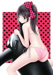 Rule 34 | 1girl, ass, back, bad id, bad pixiv id, bare arms, bare legs, bare shoulders, bikini, blush, bow, brown eyes, brown hair, chikuwa (glossymmmk), chikuwa (odennabe), from behind, hair bow, inflatable toy, long hair, looking at viewer, looking back, original, pink bikini, ponytail, print bow, side-tie bikini bottom, sitting, solo, star (symbol), star print, starry background, string bikini, swimsuit, thighs