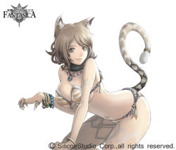 Rule 34 | animal ears, bikini, bracelet, breasts, brown eyes, brown hair, cat ears, cat tail, cleavage, gyakushuu no fantasica, jewelry, large breasts, short hair, simple background, smile, solo, stealthmaria, striped bikini, striped clothes, swimsuit, tail, underboob, white background