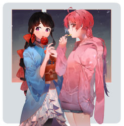 Rule 34 | 2girls, black hair, blue kimono, bow, candy, candy apple, commentary, commentary request, cowboy shot, denim, denim shorts, english commentary, food, food in mouth, glasses, gradient hair, grey background, hair bow, hand up, hands up, highres, hood, hood down, hoodie, japanese clothes, kimono, lollipop, long hair, long sleeves, looking at viewer, mixed-language commentary, multicolored hair, multiple girls, night, night sky, obi, open mouth, original, petticoat, pink eyes, pink hair, pink hoodie, purple hair, red bow, red eyes, round eyewear, sash, shorts, sideways glance, sky, sleeves past wrists, teeth, twintails, upper teeth only, usagi uma te mu