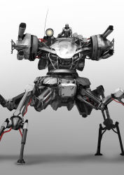 Rule 34 | 1boy, absurdres, comiket 89, extra legs, gradient background, grey background, highres, looking at viewer, magnetic weapon, mecha, mozuo, original, railgun, robot, science fiction, solo focus, standing
