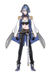 Rule 34 | 1girl, absurdres, alternate costume, alternate hairstyle, arms at sides, belt, black gloves, black hair, black pants, blue eyes, blue hair, brmameng, coat, coat on shoulders, detached collar, epaulettes, fringe trim, full body, gloves, highres, hololive, hololive english, midriff, multicolored hair, navel, ouro kronii, pants, solo, standing, straight-on, two-tone hair, white background, white coat