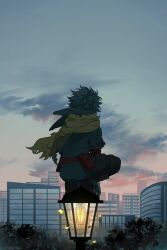 Rule 34 | 1boy, atmospheric perspective, belt, belt pouch, between legs, blue sky, bodysuit, boku no hero academia, bug, building, cape, city, cityscape, cloud, commentary, cross-laced footwear, evening, floating cape, floating hair, from behind, glass wall, gloves, gradient sky, green bodysuit, green hair, hand between legs, highres, insect, lamppost, leaf, male focus, midoriya izuku, moth, outdoors, pink clouds, pink sky, pouch, red belt, shoe soles, sky, squatting, torn cape, torn clothes, torn sleeves, tree, twitter username, wind, yellow cape, yorha 2b2e