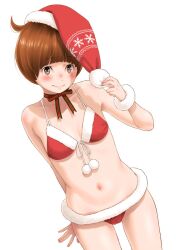 Rule 34 | 1girl, bikini, blush, breasts, brown eyes, brown hair, choker, cowboy shot, embarrassed, fur-trimmed bikini, fur-trimmed headwear, fur trim, hat, highres, key (kagibangou), looking at viewer, navel, nervous smile, original, pom pom (clothes), red bikini, red hat, ribbon choker, santa bikini, santa hat, short hair, simple background, small breasts, smile, solo, swimsuit, white background