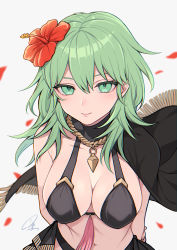 Rule 34 | 1girl, absurdres, arms behind back, banned artist, bare shoulders, bikini, black bikini, black cape, breasts, byleth (female) (fire emblem), byleth (fire emblem), cape, commentary, fire emblem, fire emblem: three houses, fire emblem heroes, flower, green eyes, green hair, hair between eyes, hair flower, hair ornament, hibiscus, highres, large breasts, long hair, looking at viewer, navel, nintendo, red flower, shimizu akina, smile, solo, stomach, swimsuit, symbol-only commentary, upper body