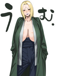 Rule 34 | 1girl, blonde hair, blush, bobobo, breasts, brown eyes, cleavage, facial mark, forehead mark, hands in pockets, hanging breasts, huge breasts, lipstick, sagging breasts, makeup, naruto, naruto (series), no bra, open clothes, open shirt, ponytail, sagging breasts, shirt, sidelocks, smile, solo, translation request, tsunade (naruto)