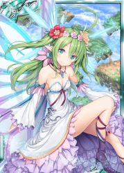 Rule 34 | 1girl, akkijin, blue eyes, blue sky, boots, breasts, butterfly wings, card (medium), dress, flower, green hair, hair flower, hair ornament, insect wings, island, jewelry, necklace, pixie servant (shinkai no valkyrie), pointy ears, shinkai no valkyrie, sitting, sky, small breasts, solo, white dress, wings