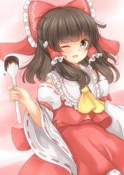 Rule 34 | 1girl, ;d, absurdres, ascot, bad id, bad pixiv id, blouse, blunt bangs, blush, bow, brown hair, chocolate, commentary, detached sleeves, frilled shirt collar, frills, hair bow, hair ribbon, hair tubes, hakurei reimu, highres, large bow, looking at viewer, medium hair, one eye closed, open mouth, ribbon, ribbon-trimmed sleeves, ribbon trim, shirt, skirt, skirt set, smile, solo, spoon, touhou, unira, valentine, wide sleeves, yellow ascot