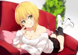 Rule 34 | 10s, 1girl, :q, asymmetrical hair, bare shoulders, black shorts, black socks, blonde hair, blurry, blush, boots, breasts, chocolate, cleavage, closed mouth, collarbone, couch, depth of field, green eyes, hair between eyes, hiraga matsuri, hirasato, idolmaster, idolmaster cinderella girls, idolmaster cinderella girls starlight stage, index finger raised, kneehighs, large breasts, looking at viewer, lying, miyamoto frederica, off shoulder, on couch, on stomach, pillow, plant, short hair, short hair with long locks, shorts, smile, socks, solo, striped clothes, striped sweater, sweater, tongue, tongue out, white footwear