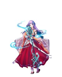 Rule 34 | 1girl, colored eyelashes, detached sleeves, full body, hair ornament, highres, holding, holding staff, long hair, magic, official art, open mouth, purple eyes, purple hair, ribbon trim, royal flush heroes, sandals, solo, staff, transparent background, wide sleeves