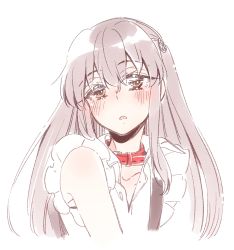 Rule 34 | 1girl, animal collar, assault lily, bare shoulders, blush, brown eyes, collar, collarbone, cropped arms, cropped torso, egawa kusumi, flower, grey hair, hair between eyes, hair flower, hair ornament, head tilt, highres, long hair, looking at viewer, parted lips, red collar, school uniform, shirt, sidelocks, simple background, sleeveless, sleeveless shirt, solo, sorato (astllatte), suspenders, unbuttoned, upper body, white background, white shirt, yurigaoka girls academy school uniform