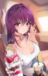 Rule 34 | 1girl, blush, breasts, choker, cleavage, commentary request, cup, damda, drinking straw, fate/grand order, fate (series), food, fruit, hair intakes, holding, holding cup, large breasts, long hair, long sleeves, looking at viewer, nail polish, purple hair, purple nails, red eyes, scathach (fate), solo, strawberry, tank top, white tank top