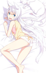 Rule 34 | 1girl, :d, animal ears, arm support, bad id, bad pixiv id, bare legs, bed sheet, blue eyes, cat, cat ears, cat girl, cat tail, highres, kimura (ykimu), legs, long hair, looking at viewer, lying, on side, open mouth, original, shirt, short shorts, shorts, sidelocks, smile, solo, tail, tank top, teeth, thighs, tied shirt, very long hair, white hair, white shorts, white theme, yellow shirt