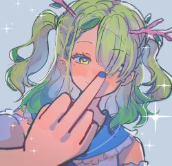 Rule 34 | 1girl, absurdres, antlers, blue nails, ceres fauna, ceres fauna (jirai kei), detached sleeves, fingernails, foreshortening, green hair, hair over one eye, highres, hololive, hololive english, horns, kokomi (aniesuakkaman), leaf, long hair, looking at viewer, middle finger, mole, mole under eye, nail polish, smile, solo, two side up, upper body, virtual youtuber, yellow eyes