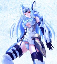 Rule 34 | 00s, 1girl, android, black thighhighs, blue hair, breasts, cameltoe, garter straps, gloves, kos-mos, kos-mos ver. 4, lace, lace-trimmed legwear, lace trim, large breasts, leg up, legs, long hair, panties, project x zone, red eyes, ryu-akt, solo, thighhighs, thighs, underboob, underwear, white panties, white thighhighs, xenosaga, xenosaga episode iii