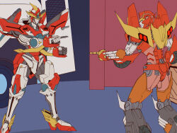 Rule 34 | 2boys, bravern, character request, crossover, feet out of frame, from side, full body, highres, hot rod (transformers), kuruto., look-alike, mecha, meme, multiple boys, pointing, pointing spider-man (meme), robot, rodimus, standing, super robot, trait connection, transformers, yuuki bakuhatsu bang bravern