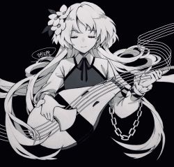 Rule 34 | 1girl, ashi (dongshi389), chinese commentary, closed mouth, collared shirt, commentary, expressionless, closed eyes, facing viewer, floating hair, flower, graphite (medium), greyscale, hair flower, hair ornament, highres, holding, holding instrument, instrument, long hair, long sleeves, lute (instrument), medibang paint (medium), monochrome, neck ribbon, ribbon, shirt, signature, touhou, traditional media, tsukumo benben, upper body, very long hair