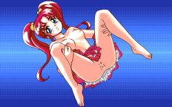 Rule 34 | 1990s (style), 1girl, barefoot, blue background, blue eyes, blush, breasts, censored, collarbone, game cg, hair bobbles, hair ornament, legs up, long hair, looking to the side, lying, medium breasts, navel, nipples, no panties, parted lips, pc98, pixel art, pp disk, pp disk magazine collection, pussy, red hair, red skirt, retro artstyle, skirt, spread legs, teeth, topless, twintails