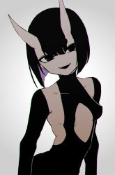 Rule 34 | 1girl, :d, alternate eye color, alternate hair color, black eyes, black hair, breasts, covered collarbone, esu (transc), fangs, fate/grand order, fate (series), gradient background, horns, looking at viewer, no nose, oni, open mouth, short hair, shuten douji (fate), skin-covered horns, small breasts, smile, solo, turtleneck