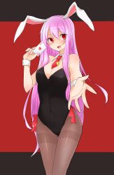 Rule 34 | 1girl, absurdres, animal ears, breasts, card, cleavage, detached collar, foreshortening, highres, leotard, long hair, medium breasts, necktie, outstretched hand, pantyhose, playboy bunny, playing card, purple hair, rabbit ears, red eyes, red necktie, reisen udongein inaba, smile, solo, thigh gap, thighband pantyhose, touhou, very long hair, yukina (masyumaro610)