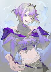 Rule 34 | 1girl, bare shoulders, beckoning, blue eyes, collarbone, cowboy shot, crop top, fangs, fingernails, hair bun, highres, horns, indie virtual youtuber, jacket, jewelry, looking at viewer, mallllma, midriff, multicolored background, multicolored hair, navel, necklace, off shoulder, open hand, open mouth, purple eyes, purple hair, reaching, reaching towards viewer, short hair, shorts, single side bun, smile, solo, teeth, whale taylor