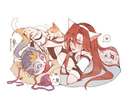 Rule 34 | 1girl, animal ears, arm warmers, artist name, ball, bare shoulders, bebseo, bell, belt, black belt, cat, cat ears, cat tail, claws, facial mark, fake animal ears, hand on own cheek, hand on own face, heart, katarina (league of legends), kitty cat katarina, league of legends, lying, on side, parted lips, pillow, poro (league of legends), red hair, scar, scar across eye, simple background, sleeveless, tail, whisker markings, white background, yarn, yarn ball, yellow eyes, yuumi (league of legends)