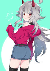 Rule 34 | 1girl, ahoge, alternate costume, azur lane, commentary request, grey hair, hibiki (azur lane), hood, hoodie, horns, long hair, long sleeves, looking at viewer, miniskirt, off shoulder, oni horns, open mouth, pone, red eyes, skirt, smile, solo, sweater, thighhighs
