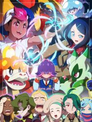 ahoge amedamaneko ascot backwards_hat baseball_cap bird black_hair black_necktie blonde_hair blue_eyes blue_hair blue_mittens blue_scarf blush bow bowtie brassius_(pokemon) brown_ascot brown_jacket brown_skirt closed_eyes closed_mouth collared_shirt cowlick creatures_(company) crocalor dark-skinned_female dark-skinned_male dark_skin dot_(pokemon) earrings eyelashes floragato game_freak gen_8_pokemon green_hair green_jacket grusha_(pokemon) hair_ornament hair_over_eyes hairclip hassel_(pokemon) hat hattrem highres holding holding_tera_orb indigo_academy_school_uniform jacket jewelry katy_(pokemon) kilowattrel liko_(pokemon) long_hair long_sleeves makeup mittens mole mole_on_cheek multicolored_hair multiple_boys multiple_girls naranja_academy_(emblem) naranja_academy_school_uniform necktie nintendo open_clothes open_mouth orange_necktie parted_bangs pink_hair pokemon pokemon_(anime) pokemon_(creature) pokemon_horizons ponytail purple_hair red_bow red_bowtie red_eyes rika_(pokemon) roy_(pokemon) ryme_(pokemon) scarf scarf_over_mouth school_uniform shirt short_hair short_sleeves skirt smile striped_clothes striped_scarf teeth tera_orb terastallization very_dark_skin white_shirt