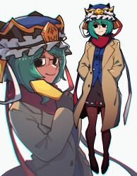 Rule 34 | 1girl, black footwear, black pantyhose, black skirt, blue headwear, blue vest, brown coat, buttons, closed mouth, coat, frilled hat, frills, full body, glass, green hair, hands in pockets, hat, hat ribbon, highres, holding, iganashi1, long coat, looking at viewer, multiple views, pantyhose, red ribbon, red scarf, ribbon, rod of remorse, scarf, shiki eiki, skirt, smile, standing, touhou, vest, white ribbon