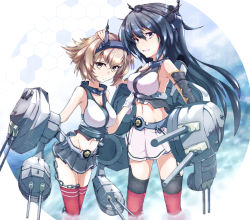 Rule 34 | 10s, 2girls, bad id, bad pixiv id, bare shoulders, black hair, blush, breasts, brown hair, cannon, elbow gloves, fingerless gloves, gloves, green eyes, hair ornament, hairband, headgear, highres, kantai collection, large breasts, long hair, midriff, miniskirt, multiple girls, mutsu (kancolle), nagato (kancolle), open mouth, personification, red eyes, red legwear, short hair, skirt, smile, soseji, thighhighs, turret, white gloves