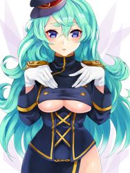 Rule 34 | 1girl, blue eyes, blue hair, blush, breasts, clothing cutout, gloves, hat, highres, imagawa yoshimoto (sengoku collection), long hair, looking at viewer, matching hair/eyes, sengoku collection, settyaro, shoulder pads, solo, underboob, underboob cutout, uniform, white background, white gloves