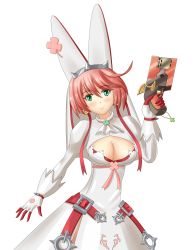 Rule 34 | 1girl, ahoge, arc system works, belt, breasts, bridal veil, cleavage, clover, dress, elphelt valentine, gloves, green eyes, guilty gear, guilty gear xrd, gun, hat, highres, large breasts, light smile, looking at viewer, pink ribbon, red hair, ribbon, short hair, simple background, smile, solo, spikes, standing, veil, weapon, wedding dress, wiz (shadow)