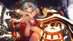 Rule 34 | 1girl, akieda, animal ears, blue hair, candle, cat ears, commentary request, copyright request, fur trim, grin, hair ornament, hat, highres, holding, lamp, outdoors, purple eyes, santa costume, santa hat, sitting, smile, solo, stairs, star (symbol), star hair ornament