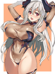 Rule 34 | 10s, 1girl, :d, armpits, arms behind back, arms behind head, arms up, blush, borrowed character, breasts, colo mag-chan, covered navel, curvy, draph, elbow gloves, eyebrows, fang, gloves, granblue fantasy, hai ookami, hair between eyes, highres, horns, large breasts, leotard, long hair, looking at viewer, mole, mole under mouth, narrow waist, open mouth, original, pointy ears, red eyes, smile, solo, taut clothes, thick thighs, thighhighs, thighs, wide hips