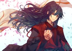 Rule 34 | 1boy, absurdres, black hair, black hanfu, chinese clothes, clenched hand, command spell, falling petals, fate/samurai remnant, fate (series), half updo, hanfu, high ponytail, highres, kuroaki, low-tied sidelocks, orange eyes, petals, red robe, robe, solo, zheng chenggong (fate)