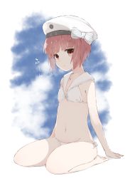 Rule 34 | 10s, 1girl, anchor, beret, bikini, bow, brown eyes, brown hair, character name, clothes writing, hat, hat bow, highres, kantai collection, looking at viewer, navel, ooyama imo, sailor bikini, sailor collar, sailor hat, shadow, short hair, sitting, smiley face, solo, striped, striped bow, swimsuit, wariza, white bikini, white hat, z3 max schultz (kancolle)