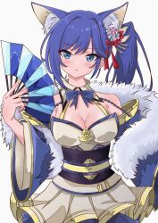 Rule 34 | 1girl, amanotti 01, animal ears, arm behind back, azur lane, bare shoulders, blue eyes, blue hair, blush, bow, breasts, cleavage, detached collar, detached sleeves, flower, fox ears, fox girl, frown, fur trim, hair between eyes, hair bow, hair flower, hair ornament, hand fan, hand up, highres, holding, holding fan, jintsuu (azur lane), long hair, looking at viewer, medium breasts, pleated skirt, purple hair, red bow, side ponytail, skirt, solo, staring, wide sleeves