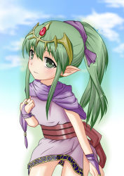 Rule 34 | 1girl, closed mouth, cloud, cowboy shot, day, eyebrows, fire emblem, fire emblem: mystery of the emblem, fund (fund tardis), hair ornament, hair ribbon, jewelry, looking at viewer, nintendo, pointy ears, ribbon, ring, sky, solo, standing, tiki (fire emblem)