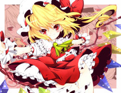Rule 34 | 1girl, blonde hair, female focus, flandre scarlet, frills, hat, jpeg artifacts, no panties, outstretched arms, red eyes, short hair, smile, solo, spread arms, embodiment of scarlet devil, tm (gf-tm), touhou, wings, wrist cuffs