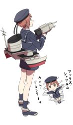 Rule 34 | 10s, 1girl, brown eyes, chibi, clothes writing, hat, kantai collection, kinosuke (sositeimanoga), long sleeves, machinery, red hair, sailor collar, sailor hat, short hair, simple background, solo, spinning, standing, turret, white background, z3 max schultz (kancolle)