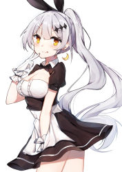 Rule 34 | 1girl, :p, absurdres, apron, black bow, black dress, blush, bow, breasts, cleavage, closed mouth, cowboy shot, crescent, crescent earrings, dress, earrings, five-seven (girls&#039; frontline), from side, girls&#039; frontline, gloves, grey hair, hair bow, highres, jewelry, jksh5056, long hair, looking at viewer, maid, medium breasts, puffy short sleeves, puffy sleeves, short sleeves, simple background, smile, solo, tongue, tongue out, very long hair, waist apron, white background, white gloves, yellow eyes