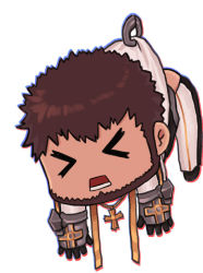 Rule 34 | &gt; &lt;, 1boy, ass, baimeme, beard, brown hair, chibi, clothes pull, cross, cross necklace, dungeon and fighter, facial hair, full body, jewelry, male focus, male priest (dungeon and fighter), necklace, pants, pants pull, shirt grab, solo, white background